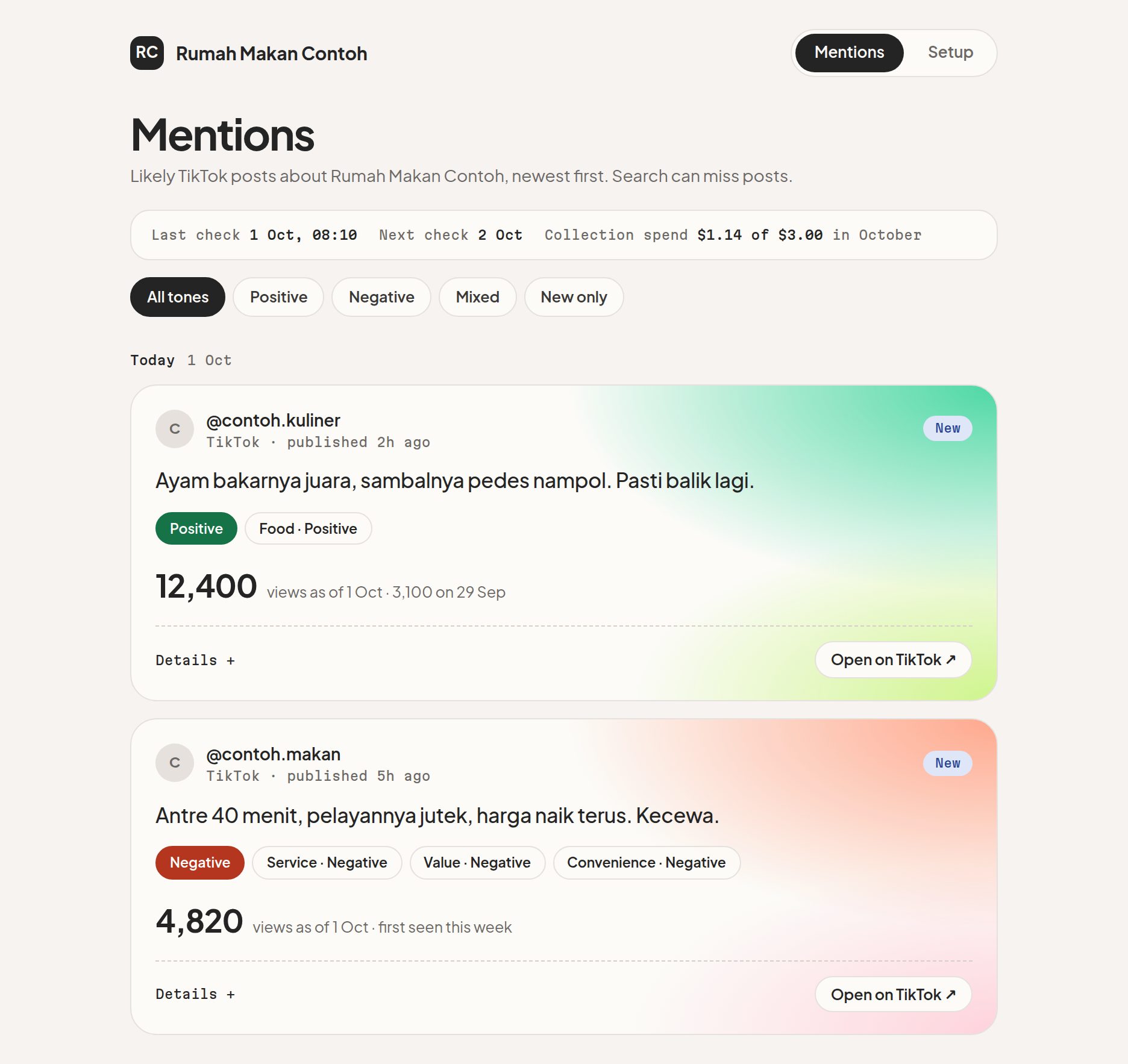PandaiBesi mentions feed for a sample restaurant. Two posts, one marked Positive with Food Positive, one marked Negative with Service, Value and Convenience Negative, each with its view count.